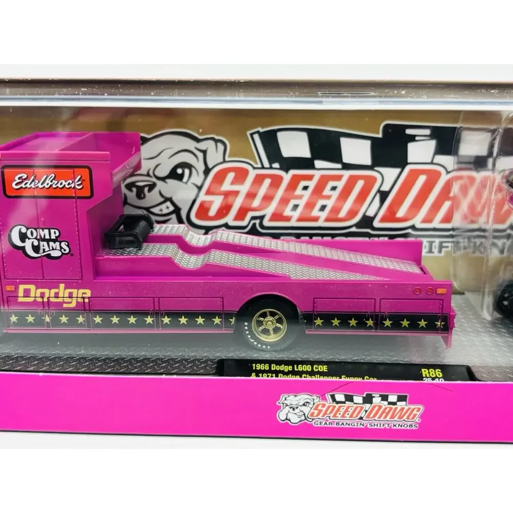 M2 Machines Speed Dawg '71 Dodge Challenger Funny Car w/ '66 COE Hauler Pink NIB